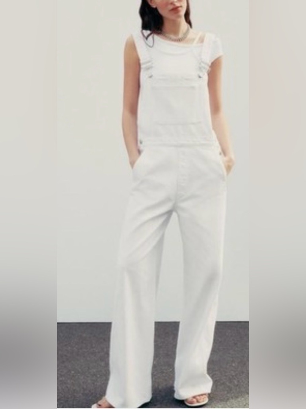 Zara White Denim Overalls - Wide Leg